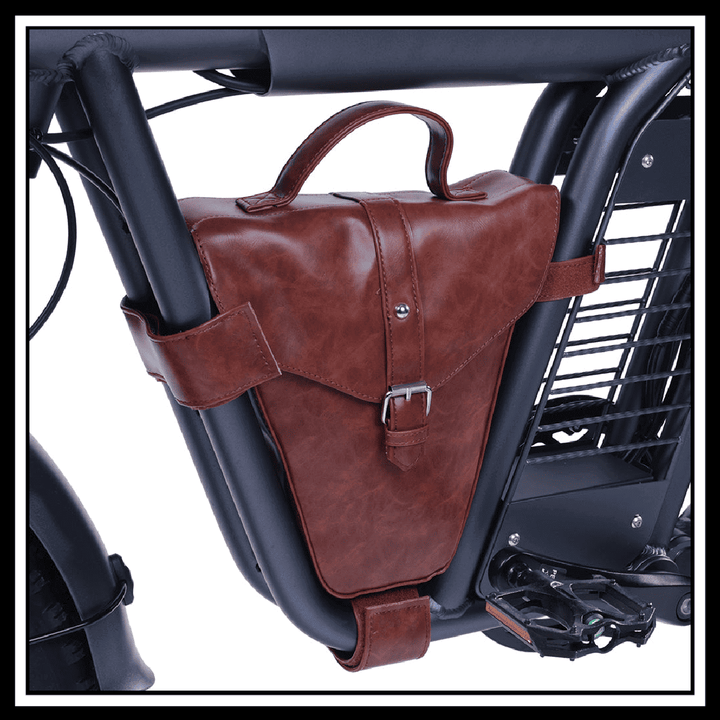 BEZIOR XF006 leather bag attachment on electric mountain bike for storage and convenience.