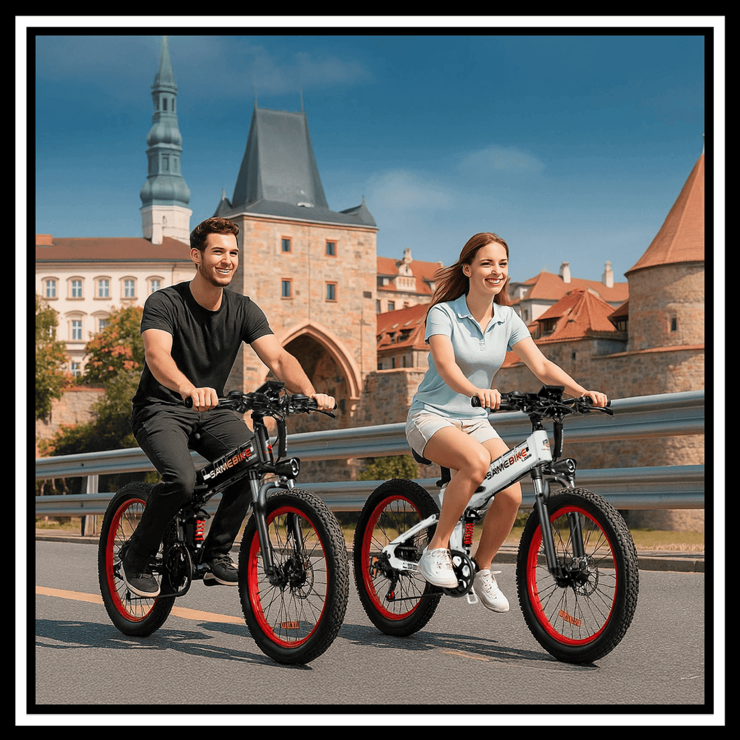 Two cyclists enjoying a ride on 🇮🇪🇪🇺🇬🇧 SAMEBIKE LO26 PLUS 1000W folding electric bikes in a scenic city setting.