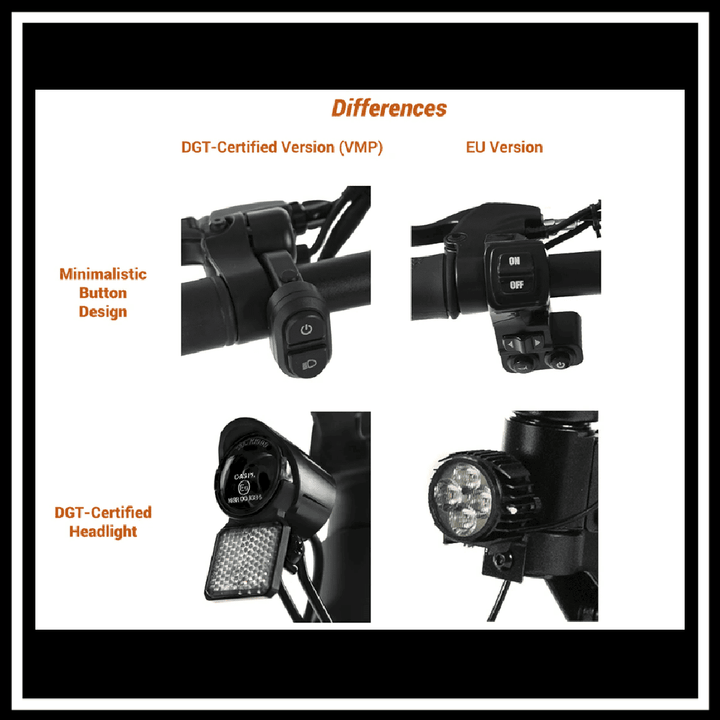 Differences between KUKIRIN G2 PRO (VMP) features and EU Version, including button design and headlight.
