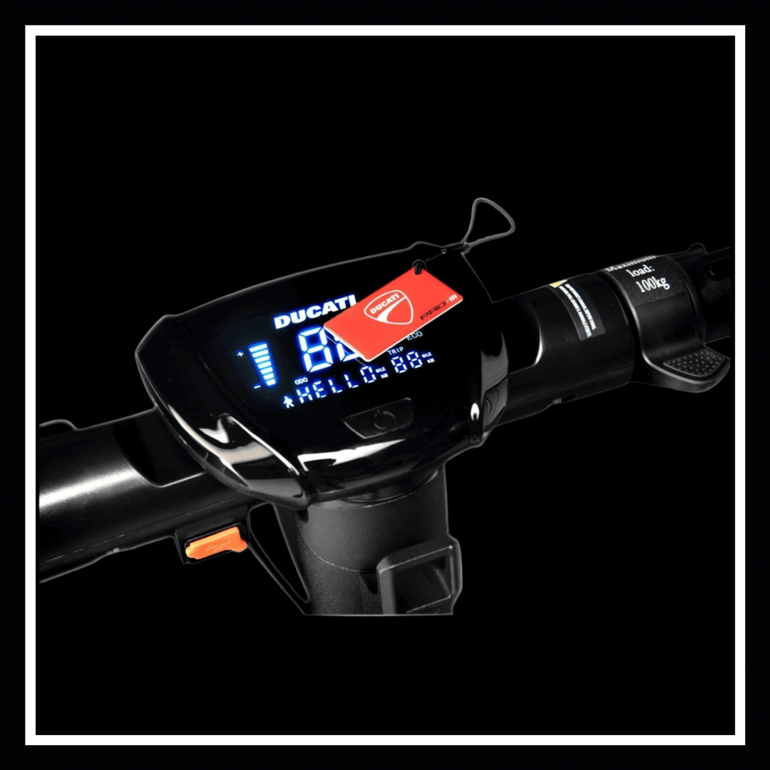 DUCATI PRO III electric scooter display panel showing speed and settings for urban commuting.