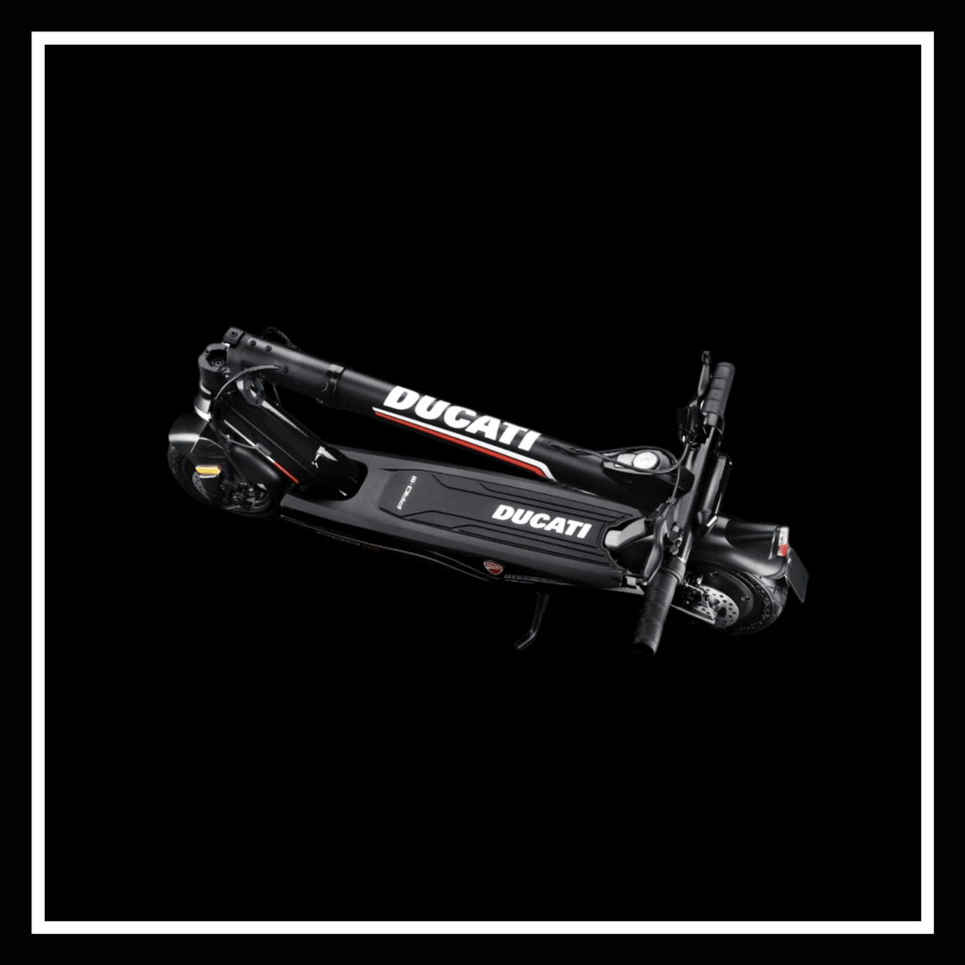 🇮🇪 DUCATI PRO III electric scooter in sleek black design, showcasing the foldable feature for urban commuting.