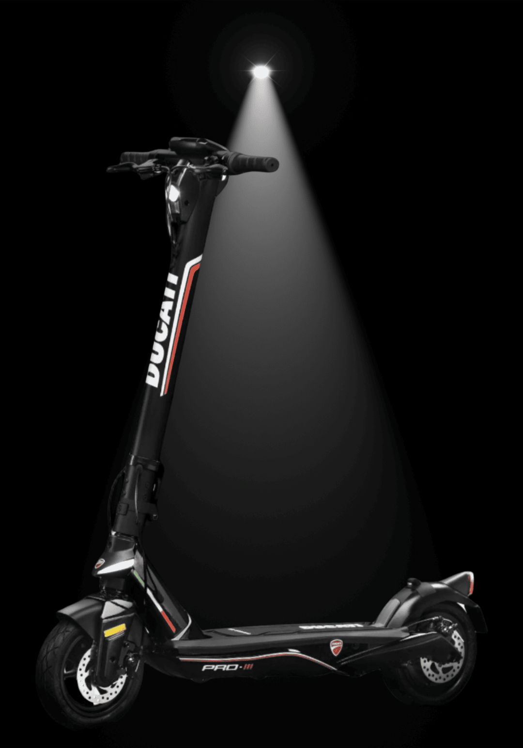 DUCATI PRO III electric scooter showcasing its sleek design under spotlight with black background.