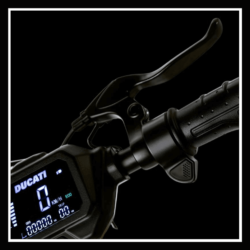 Close-up of Ducati Scrambler E-Cross scooter's handlebar and digital display panel