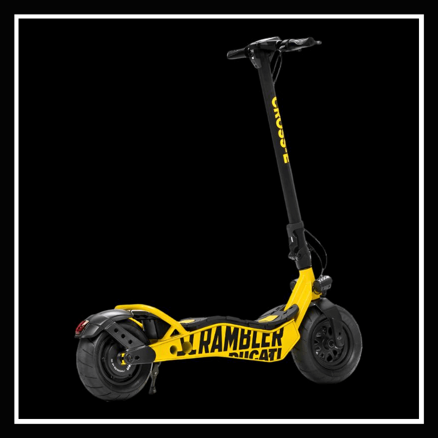 DUCATI SCRAMBLER E-Cross scooter in yellow with a modern design, showcasing its sporty features and premium branding.