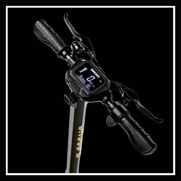 Ducati Scrambler E-Cross scooter handlebars with display and controls for electric mobility.