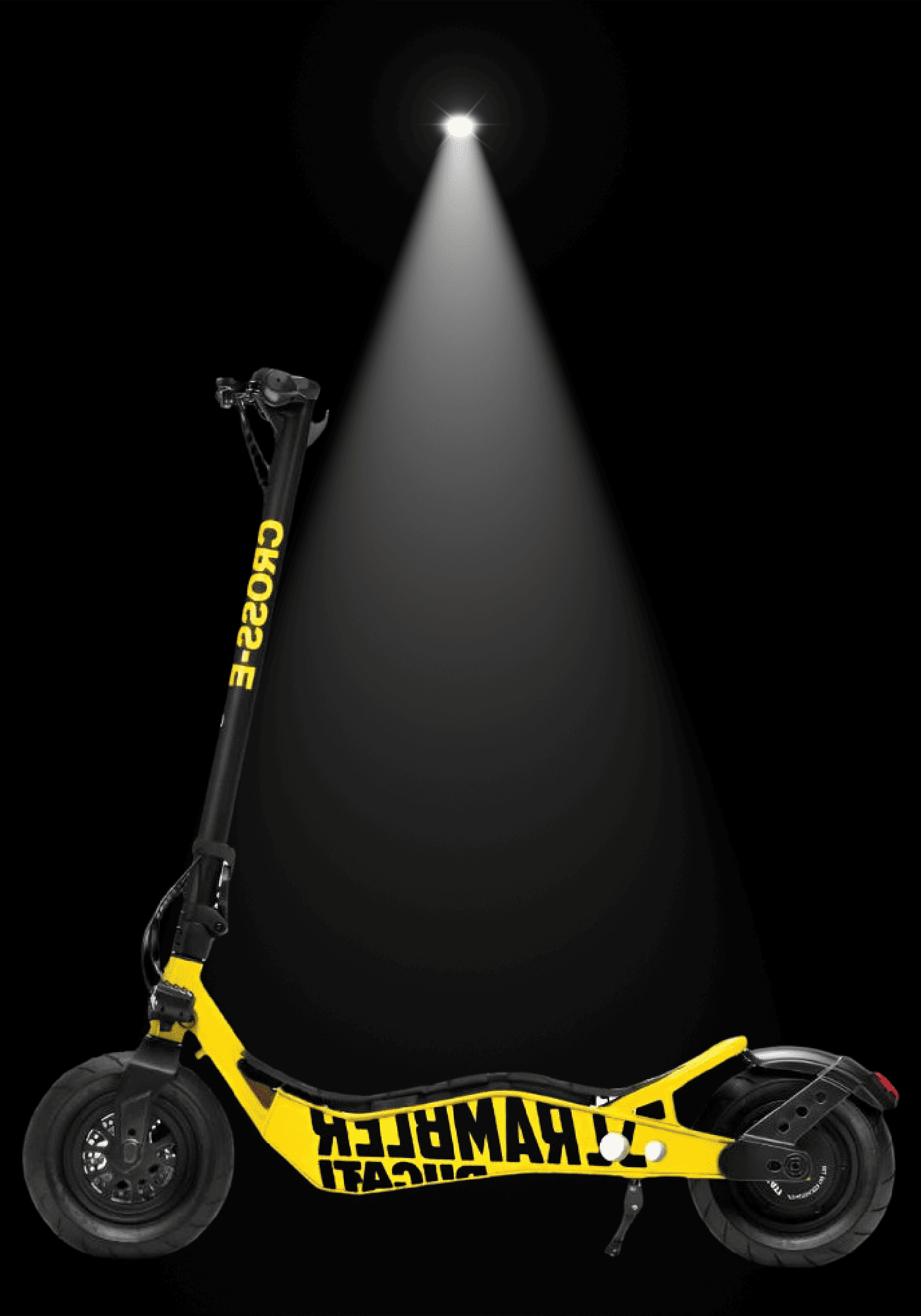 DUCATI SCRAMBLER E-Cross scooter showcased under spotlight with black background, highlighting sleek design and electric features.