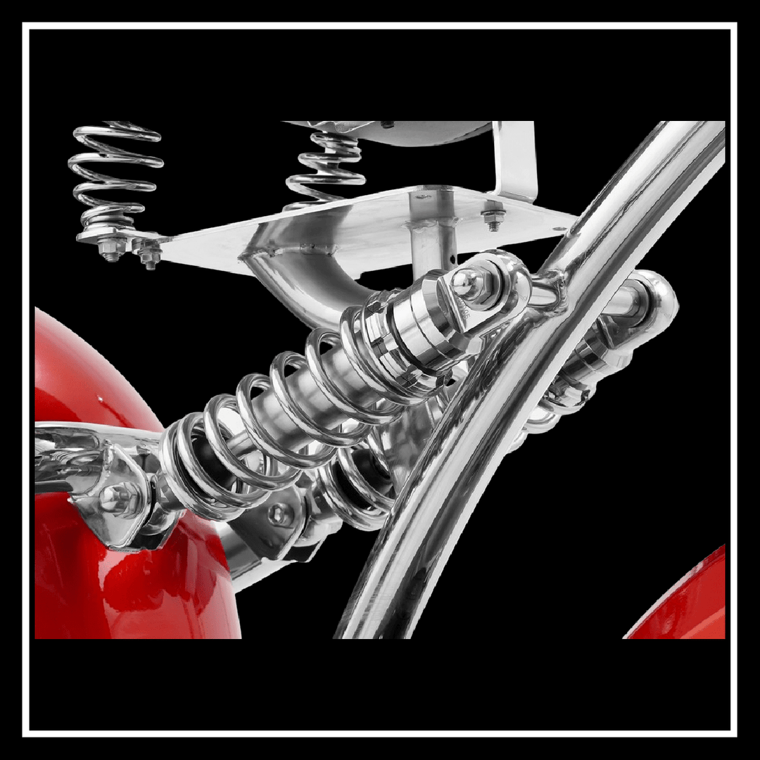 Close-up of the suspension system on the EAHORA CHROME 4000W electric chopper motorcycle showcasing chrome springs.