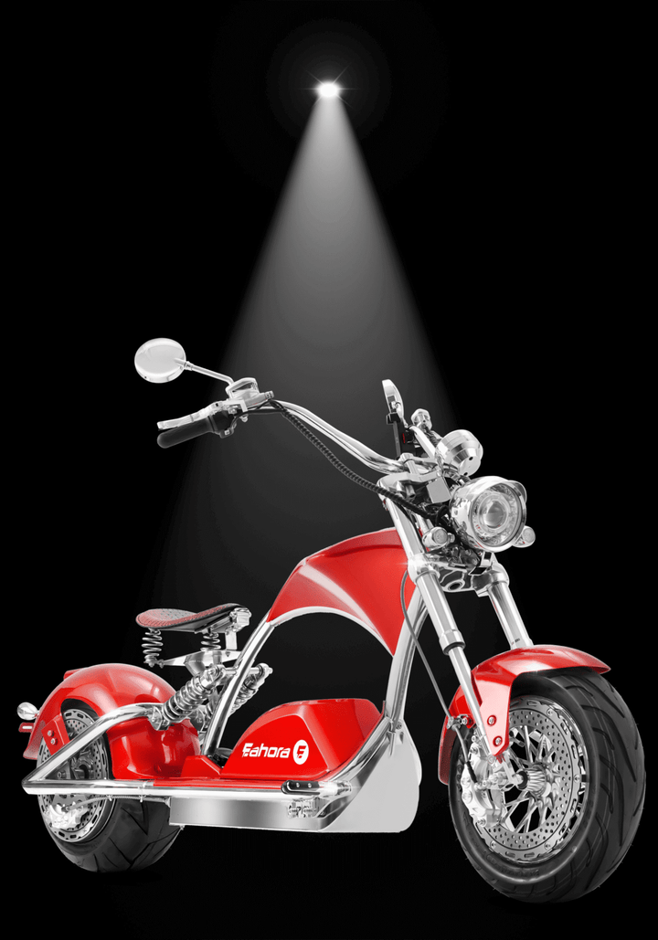 EAHORA CHROME 4000W electric chopper motorcycle showcased under spotlight against black background.
