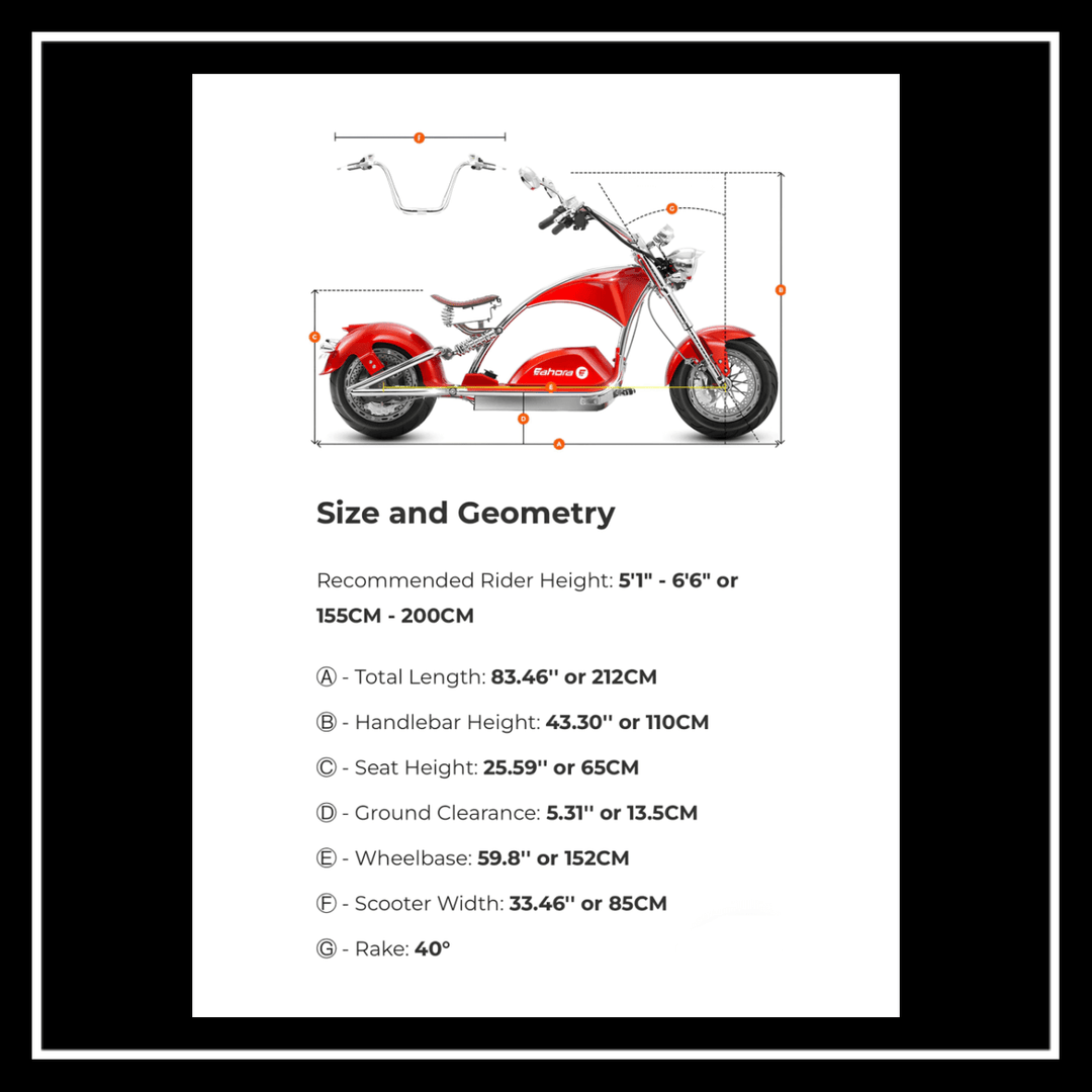 EAHORA CHROME 4000W electric chopper motorcycle size and geometry specifications chart