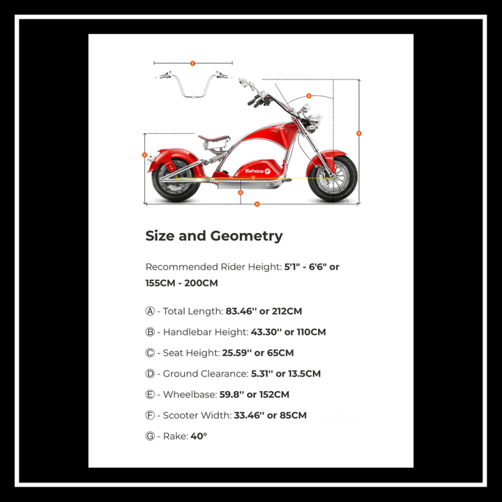 EAHORA CHROME 4000W electric chopper motorcycle size and geometry specifications chart