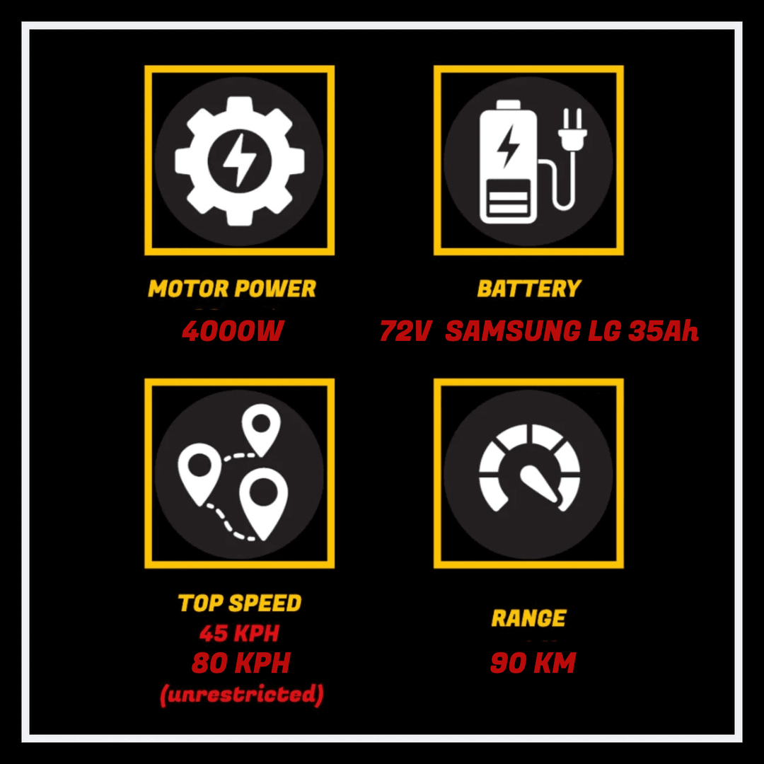 EAHORA CHROME 4000W electric chopper motorcycle specifications: 4000W motor, 72V Samsung LG battery, 80 KPH top speed, 90 KM range.