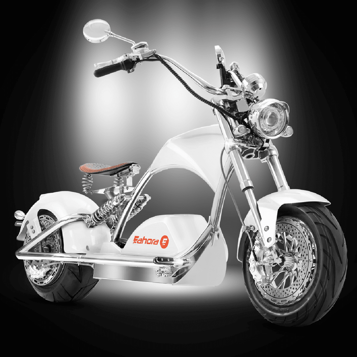 EAHORA CHROME 4000W electric chopper motorcycle in sleek white design with chrome accents and Harley-style features.