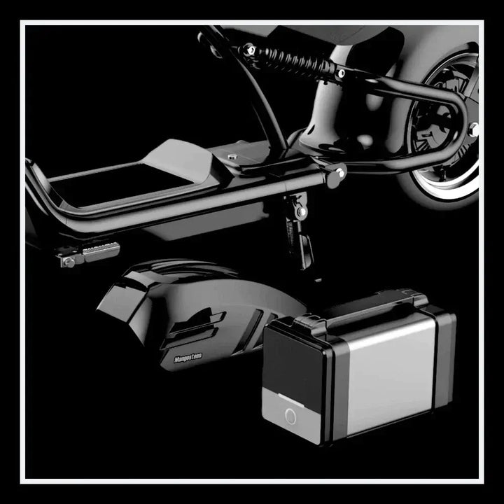 EAHORA KNIGHT M1PS electric chopper motorcycle battery and components displayed on a sleek black background.