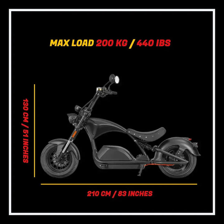 EAHORA KNIGHT M1PS electric chopper motorcycle side view with dimensions and max load information