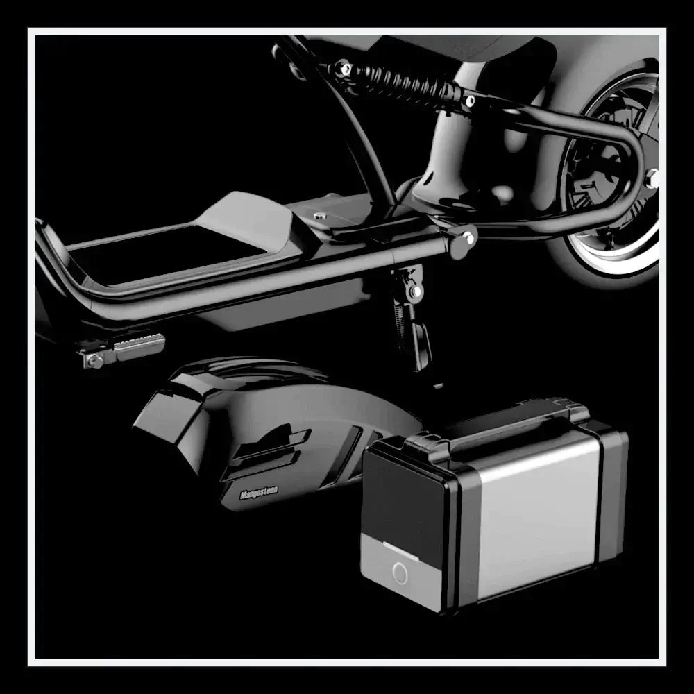 EAHORA KNIGHT M1PS electric chopper motorcycle battery and components displayed on a sleek black background.