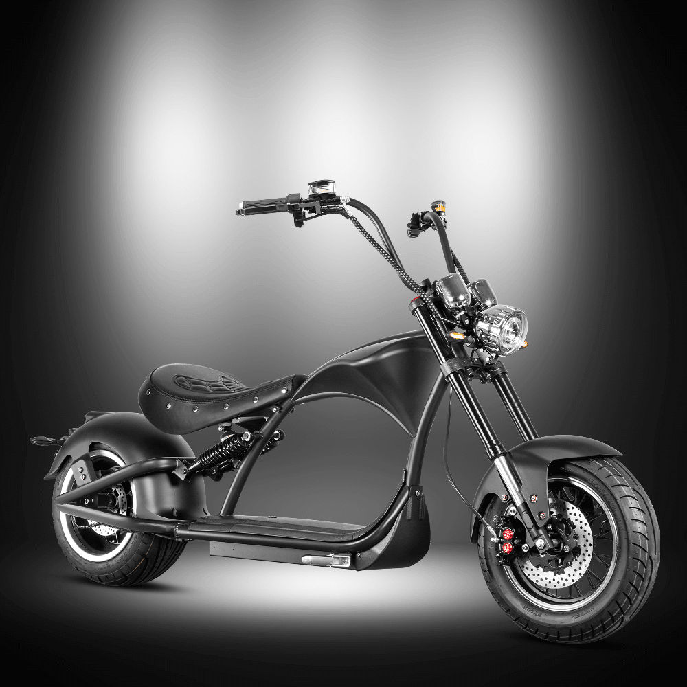 EAHORA M1P PLUS electric motorcycle in sleek black design with Harley-style chopper features and powerful electric motor.