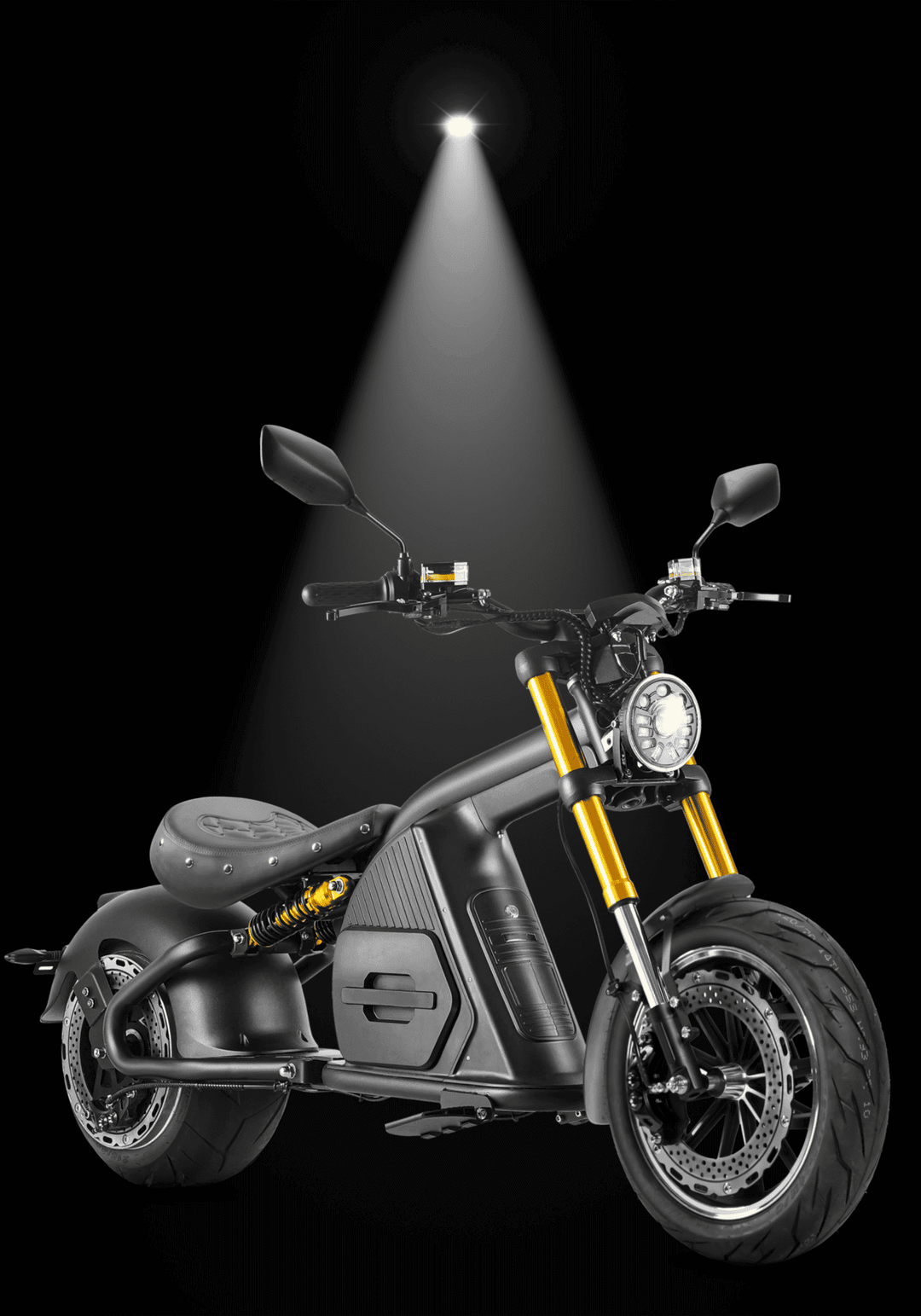 EAHORA M8S electric motorcycle showcased under spotlight on a dark background.