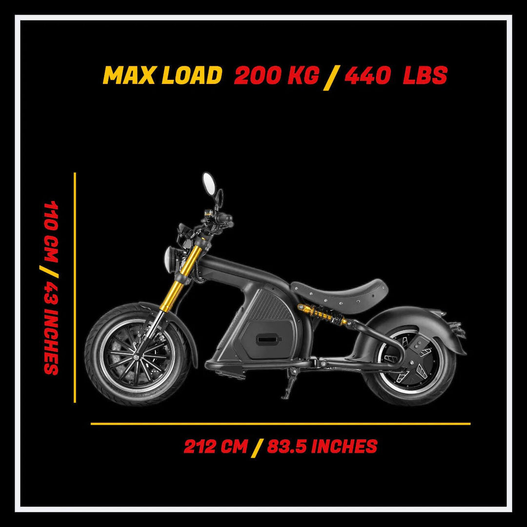 EAHORA M8S electric motorcycle side view with dimensions and max load specifications.
