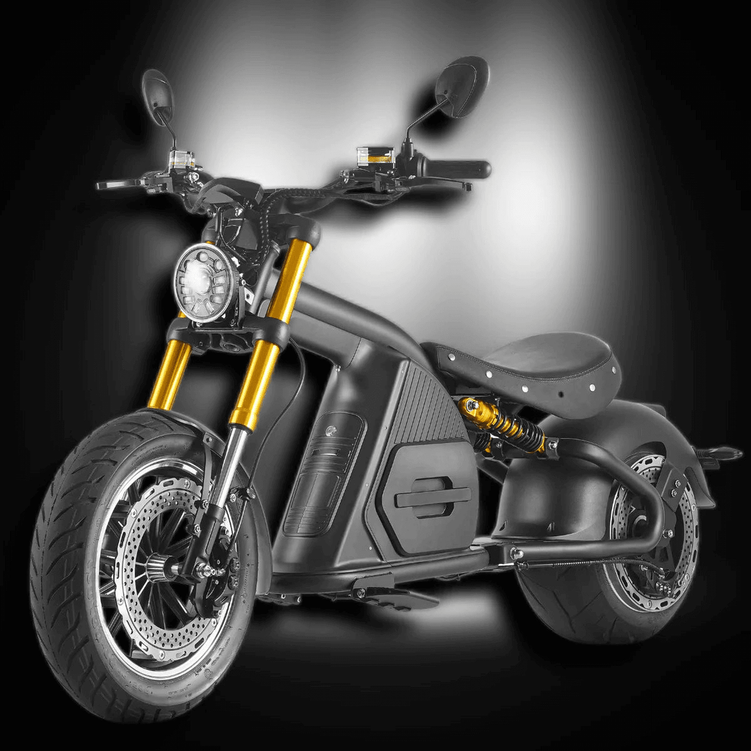 EAHORA M8S electric motorcycle in sleek black design with gold accents and powerful tires