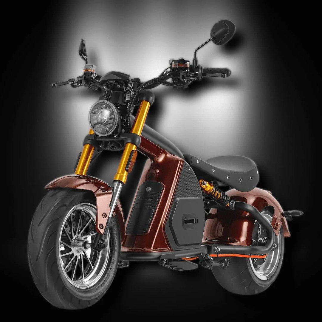 EAHORA M8S electric motorcycle in a sleek design with black and copper colors and modern features.