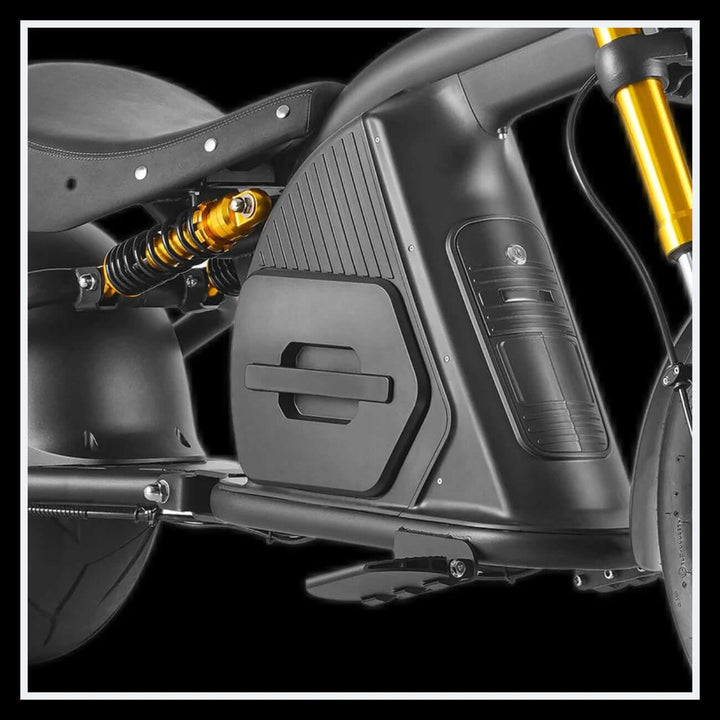 Close-up view of the EAHORA M8S electric motorcycle chassis features and design elements.