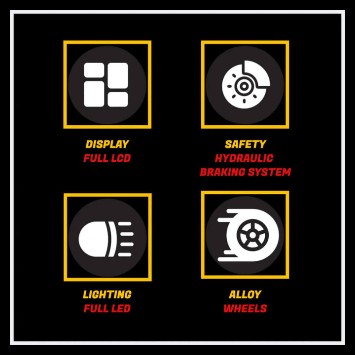 Features of EAHORA M8S electric motorcycle including display, safety, lighting, and alloy wheels.