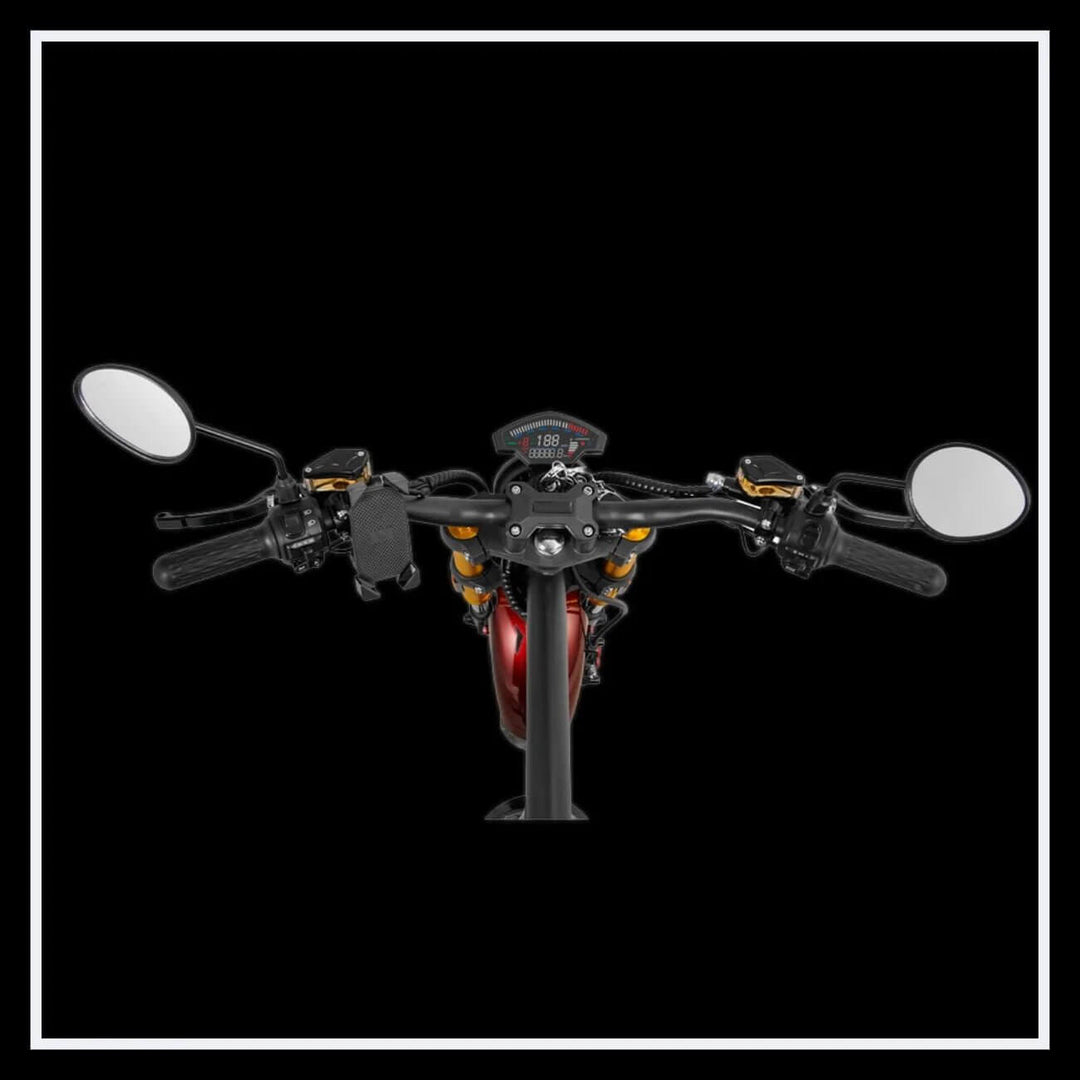 Close-up view of EAHORA M8S electric motorcycle handlebars and dashboard controls.