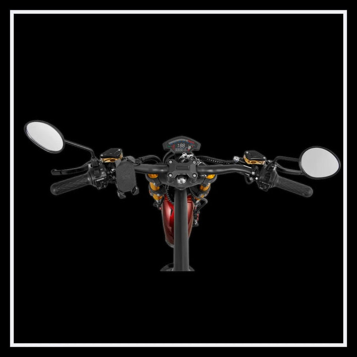 Close-up view of EAHORA M8S electric motorcycle handlebars and dashboard controls.