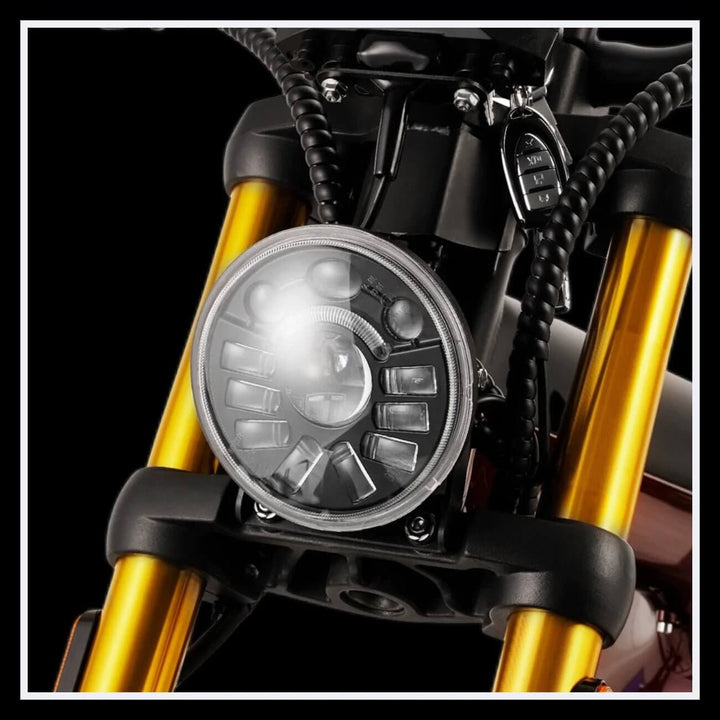 EAHORA M8S electric motorcycle front headlight close-up with LED design and sporty frame