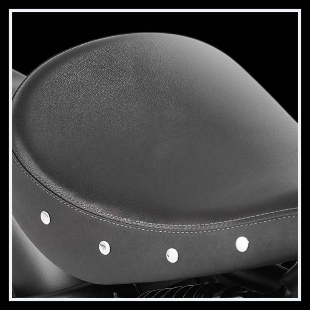 EAHORA M8S electric motorcycle seat close-up with black leather and silver rivets.
