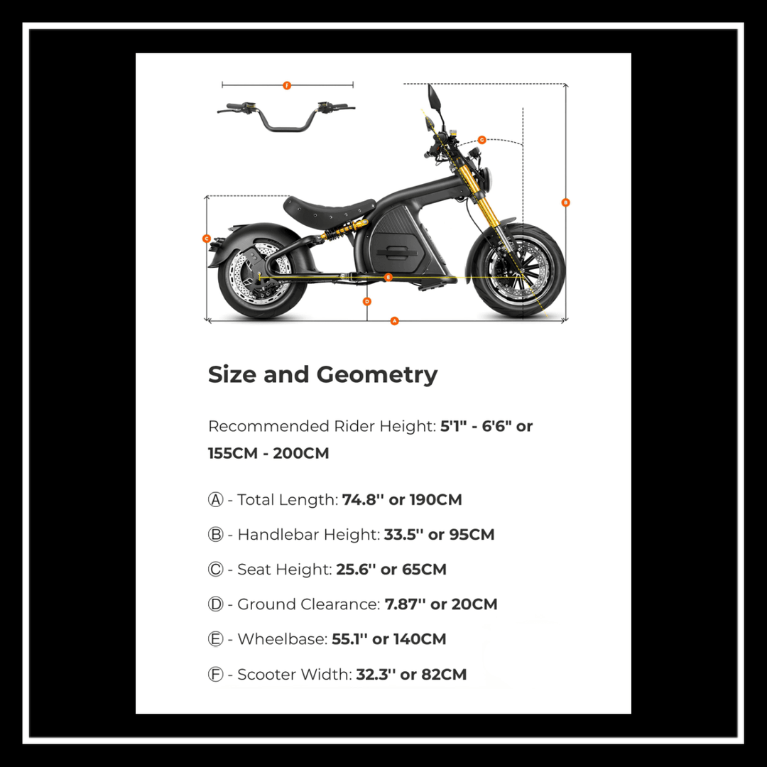 EAHORA M8S electric motorcycle size and geometry specifications including rider height, total length, and wheelbase.
