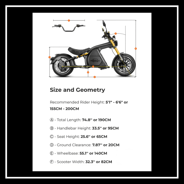 EAHORA M8S electric motorcycle size and geometry specifications including rider height, total length, and wheelbase.