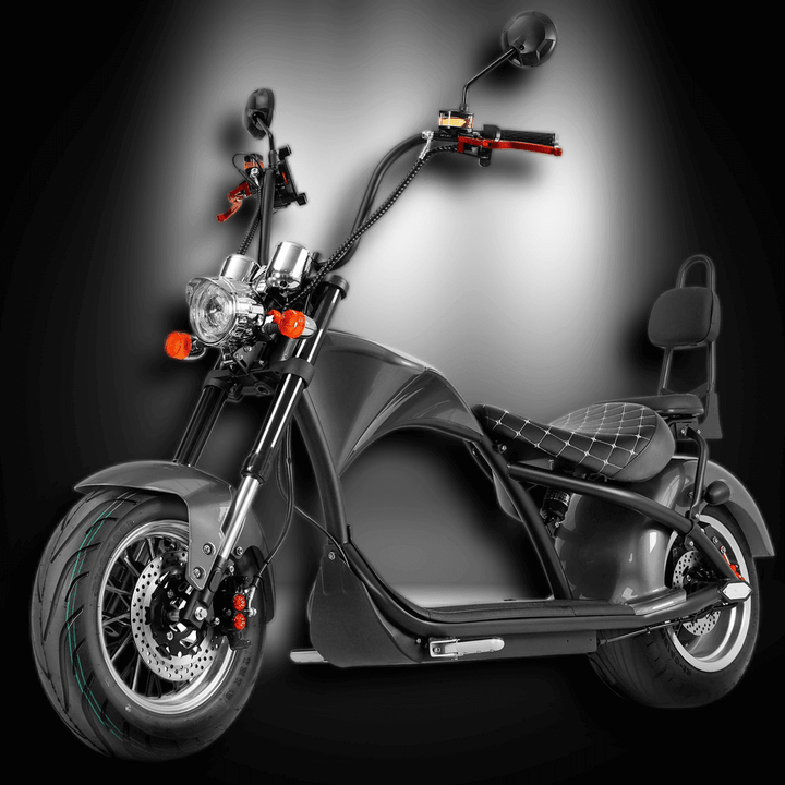 EAHORA MP1 two-seat electric motorcycle with a sleek Harley-style design and comfortable seating.