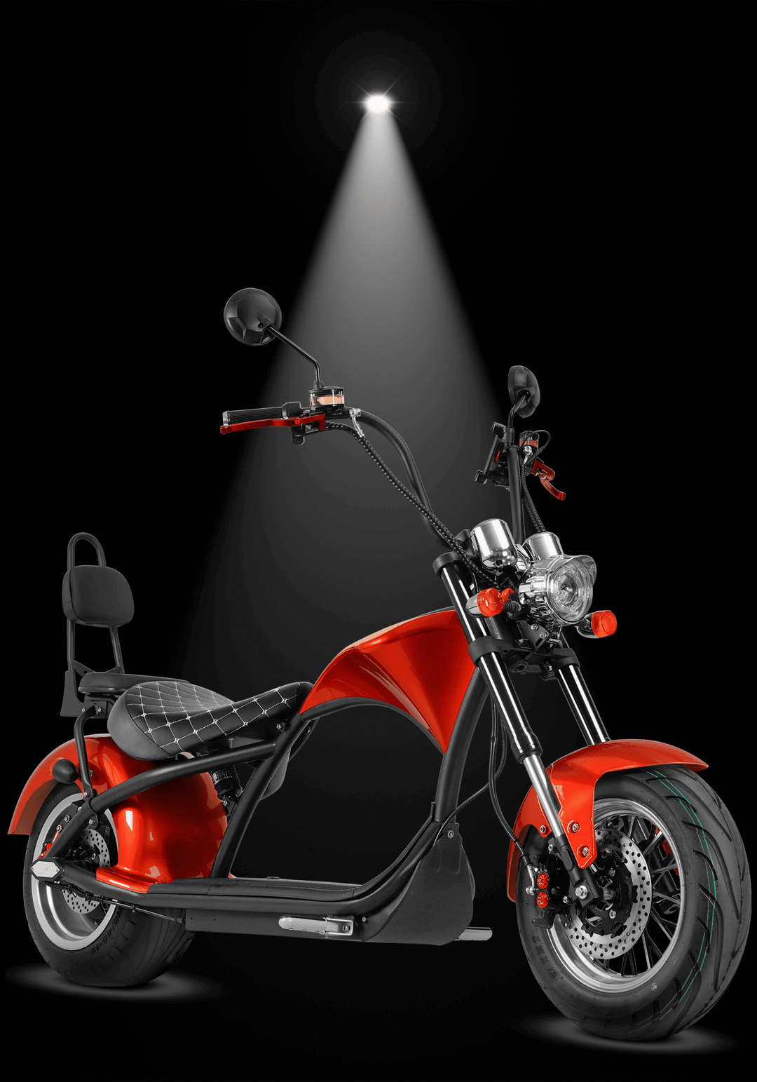 EAHORA MP1 two-seat electric motorcycle in vibrant red showcased against a dark background.