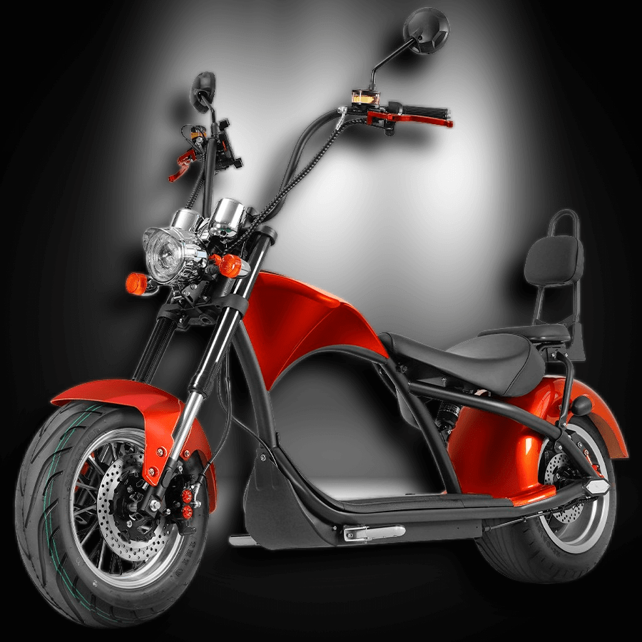 EAHORA MP1 two-seat electric motorcycle in striking red design, featuring a Harley-style outlook and dual seating.