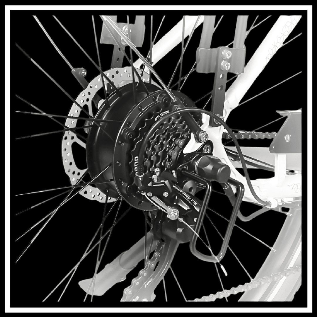 SAMEBIKE RS-A07 electric bike motor and rear wheel assembly showcasing powerful 500W capabilities.