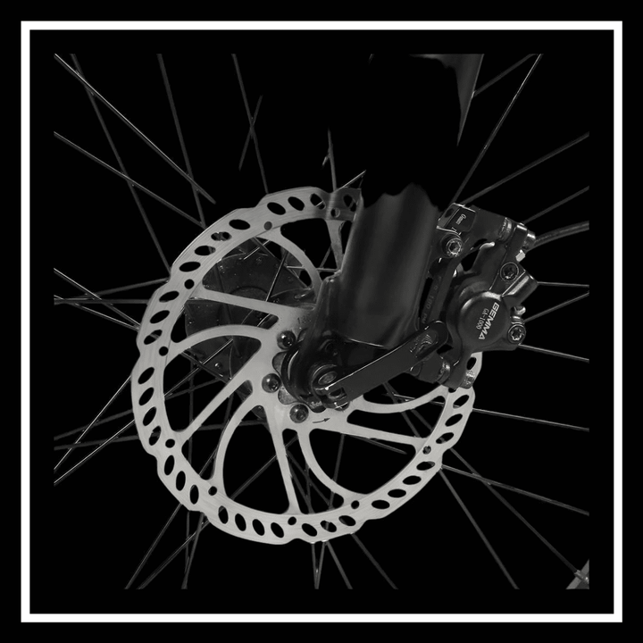 SAMEBIKE RSA08-II ELECTRIC BIKE front disc brake close-up image showing detailed components and design.