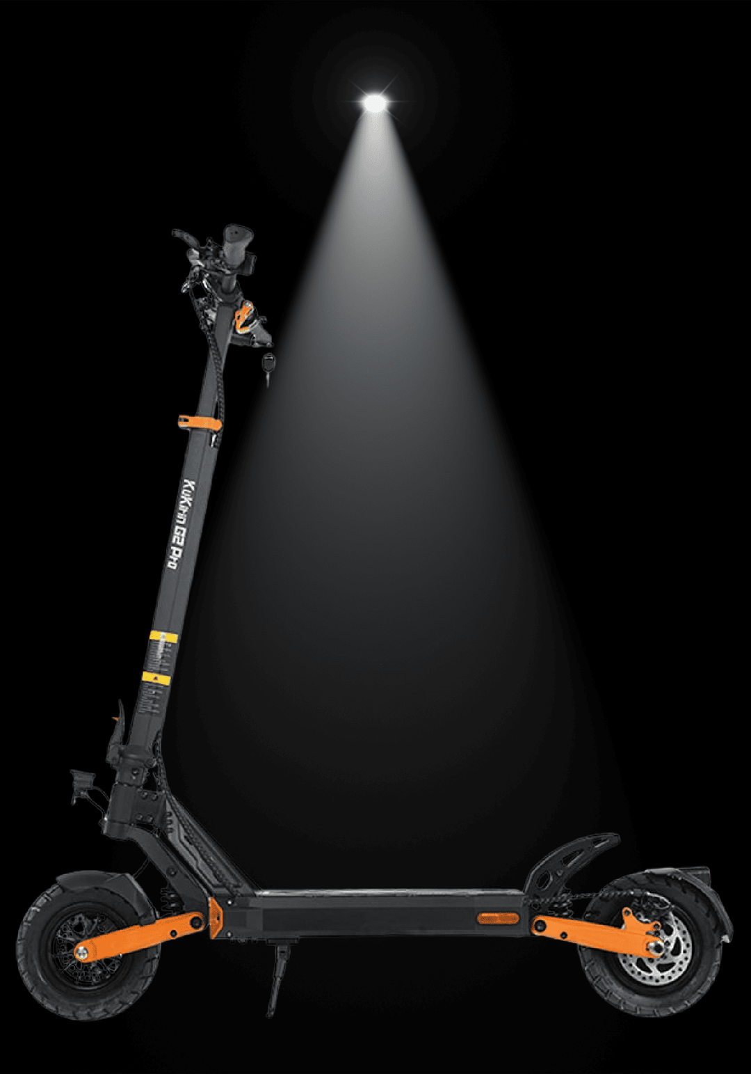 ELECTRIC SCOOTER KUKIRIN G2 PRO VMP shown in spotlight against dark background for enhanced visibility.