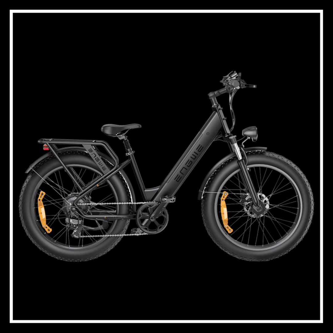 ENGWE E26 electric bike side view showcasing black fat tire design and all-terrain capabilities.