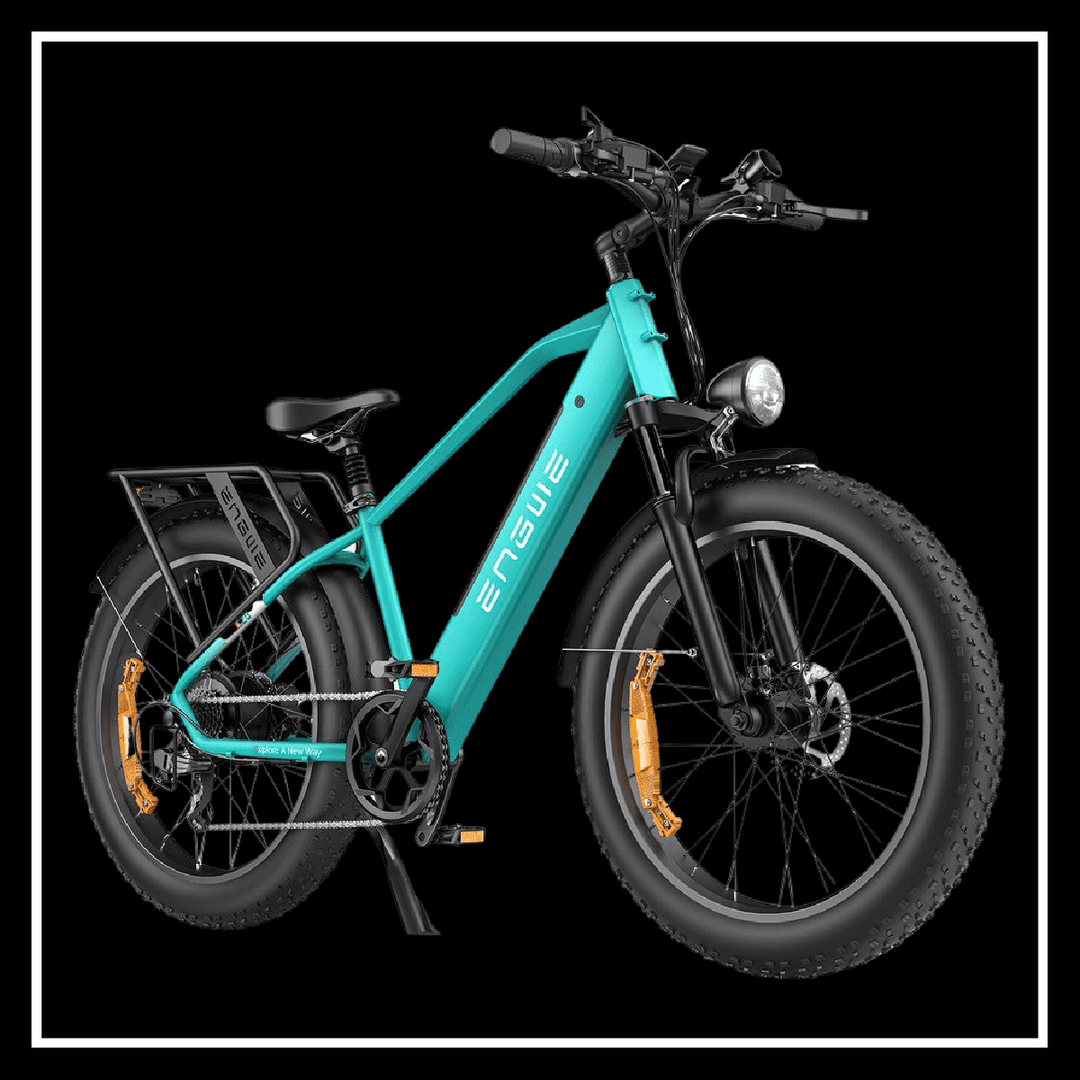 ENGWE E26 electric bike in teal color with fat tires and all-terrain design on a black background.