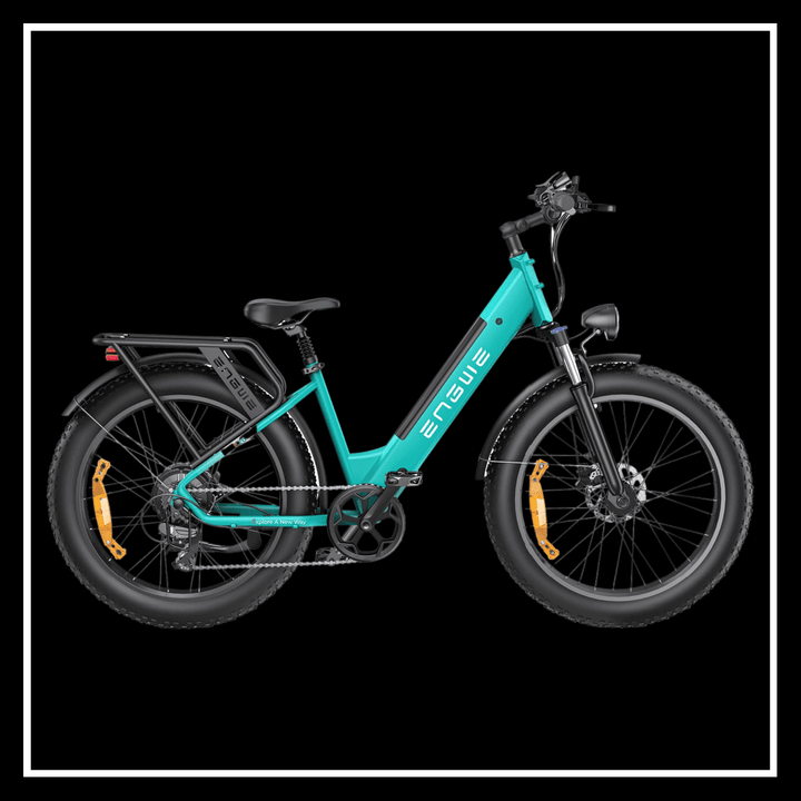 ENGWE E26 high-step all-terrain electric bike in teal color with fat tires and rear rack.