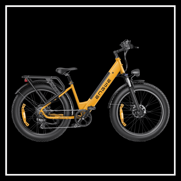ENGWE E26 electric bike in vibrant yellow color on a black background showcasing its design and features.