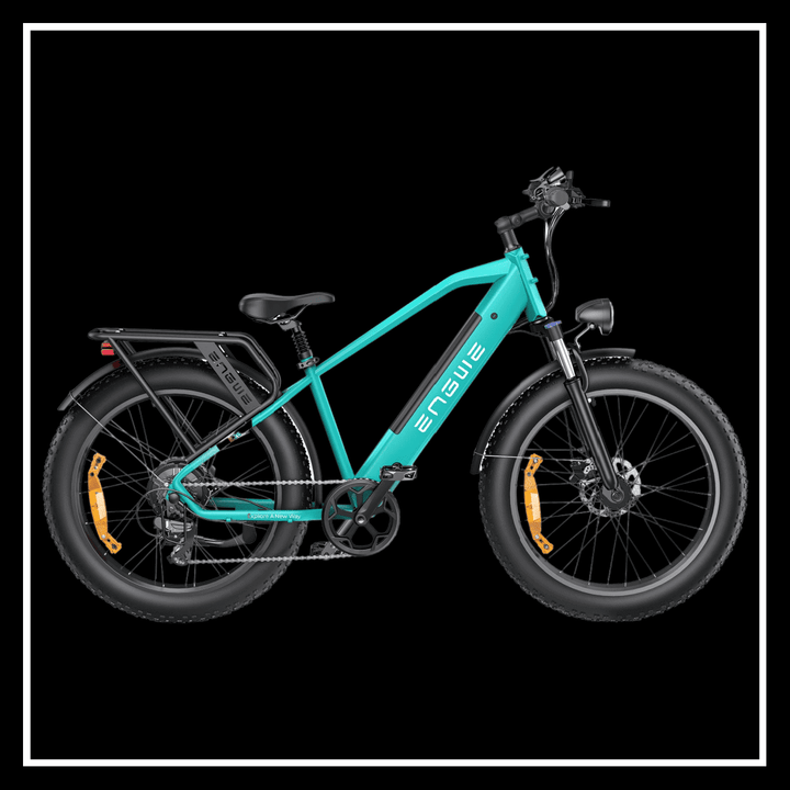 ENGWE E26 electric bike in teal color with fat tires, designed for all-terrain riding and long range.