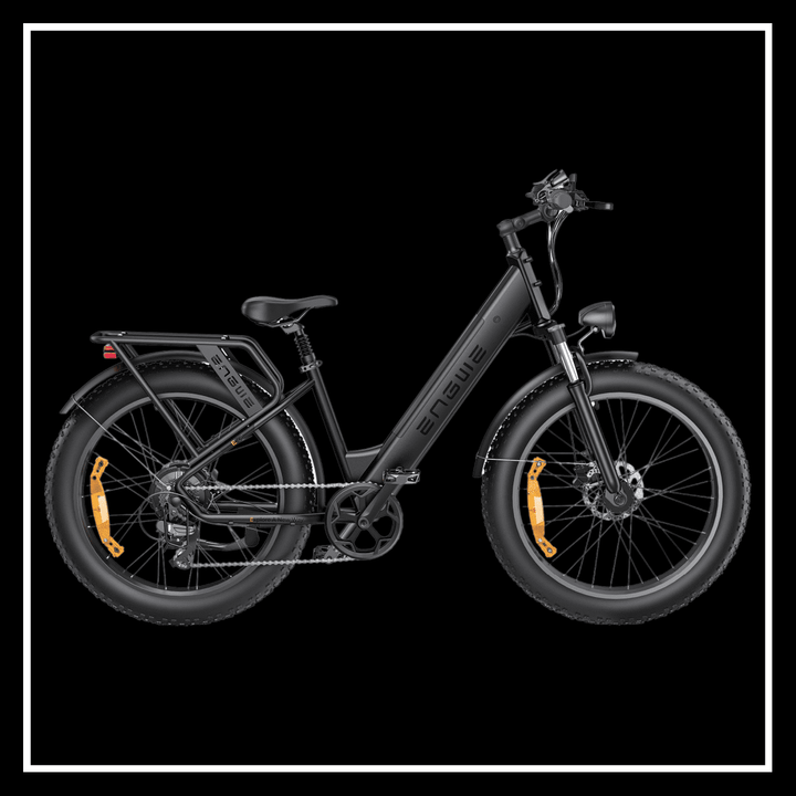 ENGWE E26 electric bike side view showcasing black fat tire design and all-terrain capabilities.