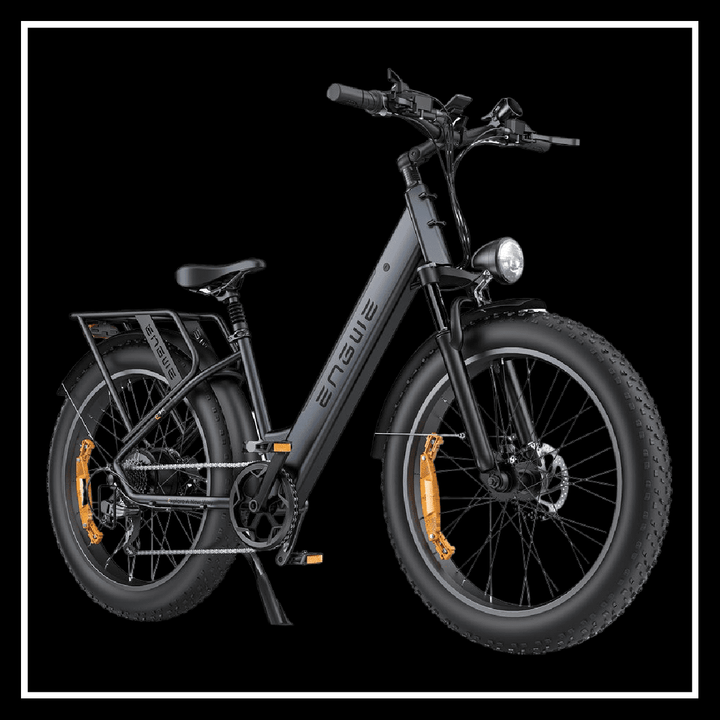 ENGWE E26 electric bike with fat tires and a sleek black design on a dark background.