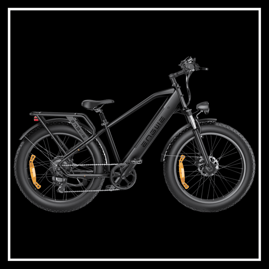 ENGWE E26 electric bike showcasing a sleek black design with fat tires and modern frame.