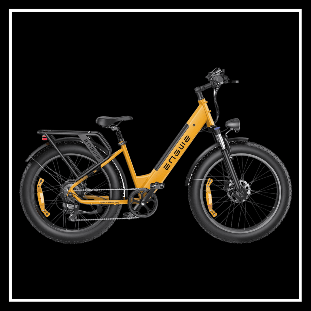 ENGWE E26 high-step all-terrain electric bike in yellow with fat tyres and suspension.