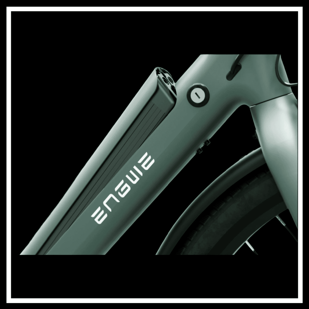 Close-up of ENGWE branding on MAPFOUR N1 AIR ELECTRIC BIKE frame with battery design.