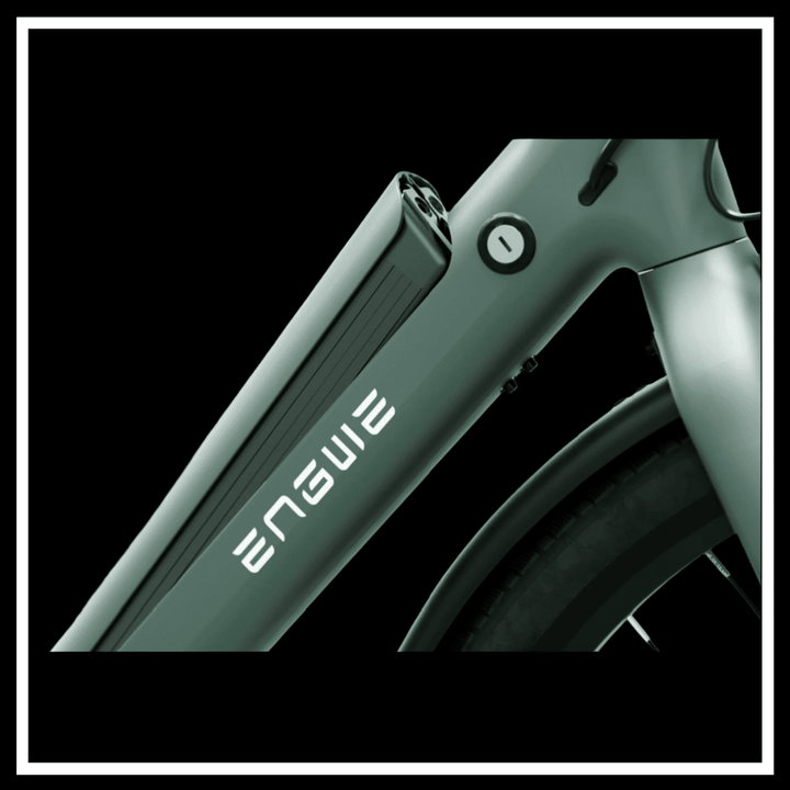 Close-up of ENGWE branding on MAPFOUR N1 AIR ELECTRIC BIKE frame with battery design.