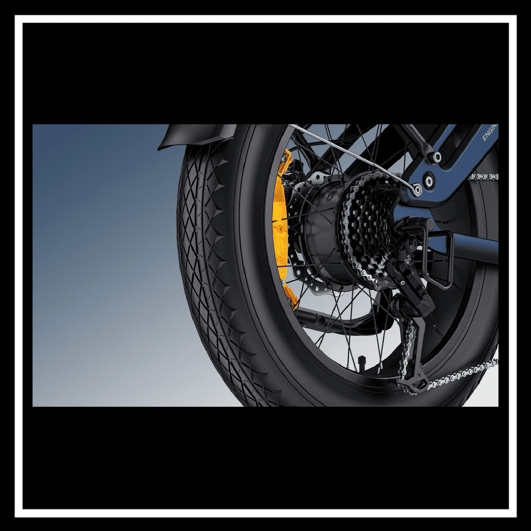 Close-up of the rear wheel and drivetrain of the ENGWE ENGINE 3.0 PRO BOOST ELECTRIC BIKE showcasing its powerful motor.